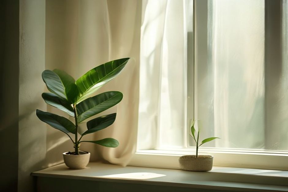 Mindfulness miljø Rolig indendørs scene med lysvindue og planteblad